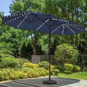 13FT Patio Twin Umbrella with Solar Lights Double-sided Market Outdoor Parasol - Picture 1 of 7