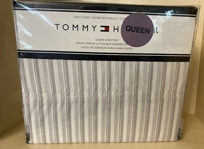 TOMMY HILFIGER Queen Size Sheet Set Easy Care Gray White Striped 4 Pc Set NEW - Image 1 of 4
