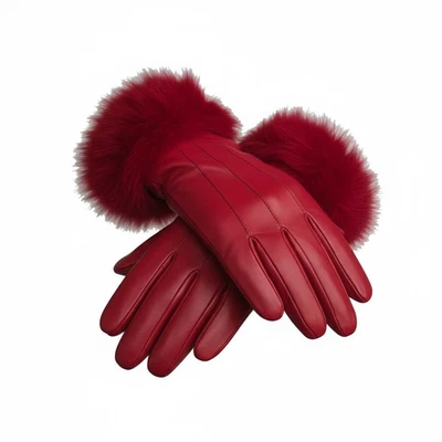 Ladies Super Soft Genuine Leather Faux Fur Trimmed Gloves Fleece Lined Winter  - Image 1 of 4
