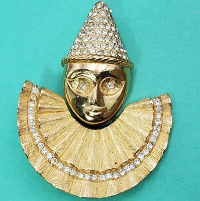 Vintage Clown Christian Dior Gold Plate Crystal  Brooch Germany 2" *READ* - Image 1 of 4