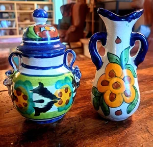 Vintage Talavera Ginger Jar wth Lid & Vase Set 5.5"H Mexico Teracotta Signed TMR - Picture 1 of 7
