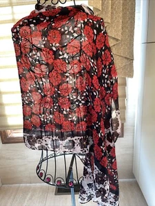 Libby Edelman Black/White/Red Floral Print Pashmina Wrap - Picture 1 of 9