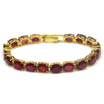 Gemstone Heated 7 x 9 mm. Red Ruby Bracelet 7.5" 925 Silver 18K Gold Plated - Image 1 of 4