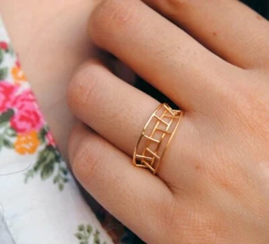 14k Solid Gold Cage Ring Geometric 3D Wedding ring Trapezium Dainty ring Band - Picture 1 of 12