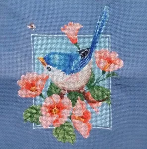 Punto croce rifinito UCCELLINO E FIORI BLU fatto a mano senza cornice 5,5"x7" - Foto 1 di 8