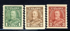 3x Mint H George V Canada coil stamps all MH VF No. 228-229-230 CV=$65.00