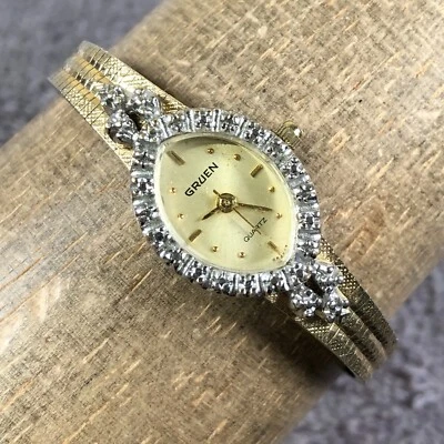 Gruen Women Dress Diamond Bezel Gold Tone 16mm Oval Quartz Analog Watch 6 1/4" - Image 1 of 4