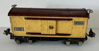Lionel O Scale Lines Box Car 655 Yellow And Brown Sliding Doors Pre War 1939 USA - Image 1 of 4