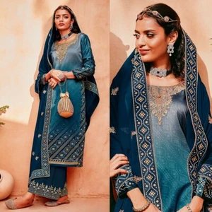 DPCOK BLUE BANDHINI PRINTED SATIN INDIAN READYMADE SALWAR KAMEEZ SUIT LADIES DEN - Picture 1 of 3