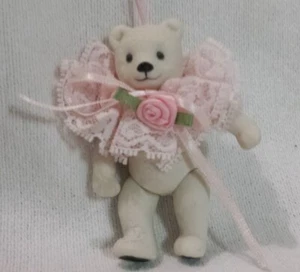 Vtg Christmas Ornament Ceramic Jointed Teddy Bear Figurine w/ Lace Collar 1983 - Picture 1 of 12