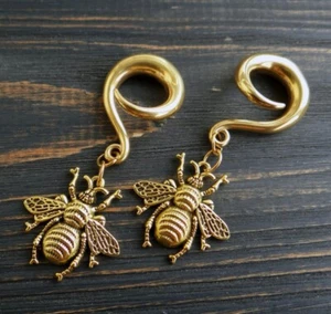 Bee gauges Insect ear weights plugs dangle earrings Gold gauges tunnels Pair - Picture 1 of 5
