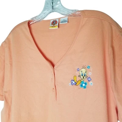 Camiseta Henley Cuello en V Piolín Pájaro Melocotón De Colección Mujeres 2X Looney Tunes Floral Y2K Foto 1 de 4