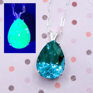 Sterling Sea Blue UV Spinel Necklace 21ct Pear Cut 925 Teardrop Uranium Glass - Picture 1 of 9
