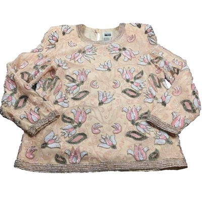 Leslie Fay Evening Womens Silk Top Sz M Pink Beaded Floral Sequins 3/4 Sleeve - Image 1 of 4