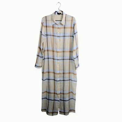Theory Sheer Plaid Maxi Shirt Dress Crinkled Cotton Long Sleeve Lightweight XL - Image 1 of 4
