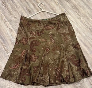 Lauren Ralph Lauren Olive Brown Floral Paisley 100% Silk Flowy Midi Skirt 12 - Picture 1 of 13