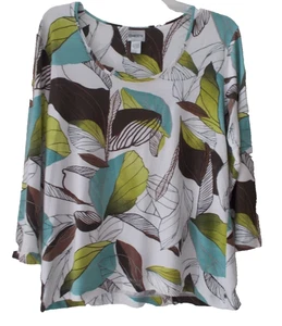 Chico's T-Shirt weiß mit braun blau grün Blätterdruck 3/4 Ärmel Rundhalsausschnitt Gr. 2 - Bild 1 von 3