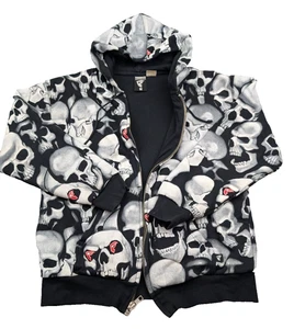 VTG Skull Print Famous Stars And Straps Hoodie Mens M Black White Waffle Lined - Picture 1 of 22