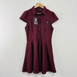 Sourpuss Fit & Flare Shirt Dress L Red Black Houndstooth Rockabilly Punk Goth - Foto 1 di 23