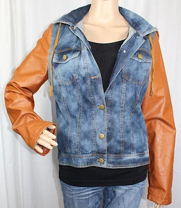 Chaqueta de mezclilla para damas con mangas marrones y capucha con cremallera - Imagen 1 de 9