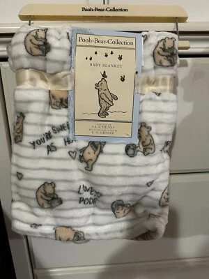 NEW Pooh Bear Collection White Striped Love Pooh Baby Blanket 30x40” - Image 1 of 2