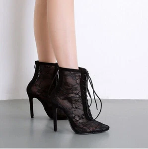 Sexy Ankle Sandals Ladies High Heels Lace Stilettos Boots Pointed Toe Club Shoes - Picture 1 of 10