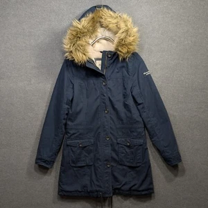 Abercrombie Fitch Sherpa Lined Parka Jacket Womens Large Faux Fur Trim Hood Navy - Picture 1 of 16