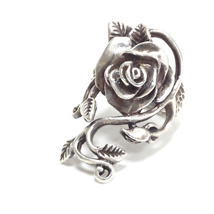 Unsigned Solid 925 Sterling Silver Rose Flower Leaf Vine Ring Size 8 / 11.8g