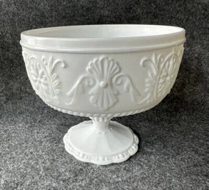 Vintage INDIANA GLASS Milk Glass Scrolled Floral Pedestal Compote Candy Dish - Picture 1 of 19
