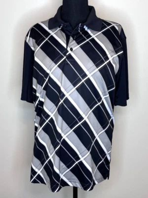 Camisa polo de golf Falls Creek para hombre cuello botones rayas elásticas negra gris talla M Foto 1 de 4