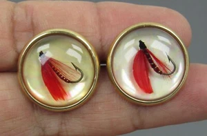 Krementz Cufflinks Fly Fishing Hook Lure Lucite Encased Red Feather - Picture 1 of 10