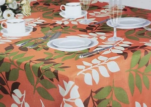 Printed Fabric Linen Tablecloth, 54"x 54" Square, MULTICOLOR LEAVES ON ORANGE,BH - Picture 1 of 10
