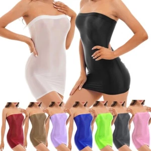 Women Oil Glossy Dress Bodycon Tube Dress See-Through Nightwear Clubwear AU - Picture 1 of 45
