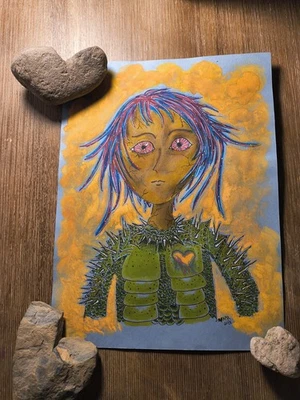 OOAK Not A Print , Anime Style Mixed Media with Colorful Spiked Armor - Image 1 of 4