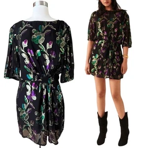 BA&SH Anjy Embellished Mini Dress Black Metallic Floral Noir 2 Medium NWOT - Picture 1 of 15