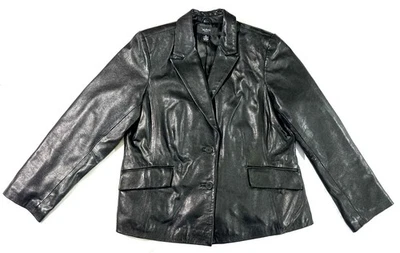 Chaqueta Blazer Alfani Mujer 1X Negra Cuero Genuino Botón Forrada Frontal Foto 1 de 4