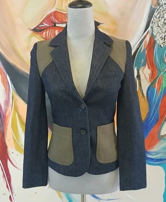 Elizabeth & James Denim Jeans Fitted Blazer Lamb Leather Elbow Patch Womens Sz 4 - Image 1 of 4