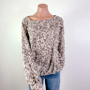 Lush Boat Neck Pullover Knit Leopard Animal Print Long Sleeve Top Taupe Gray M - Picture 1 of 12