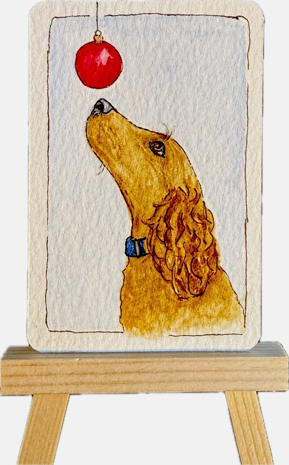 ACEO Original Watercolor Golden Retriever Dog Christmas Ornament New! Signed! - Image 1 of 1