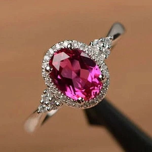 Anillo de compromiso para mujer con halo de rubí de corte ovalado de 2 quilates enchapado en oro blanco de 14 quilates - Imagen 1 de 1