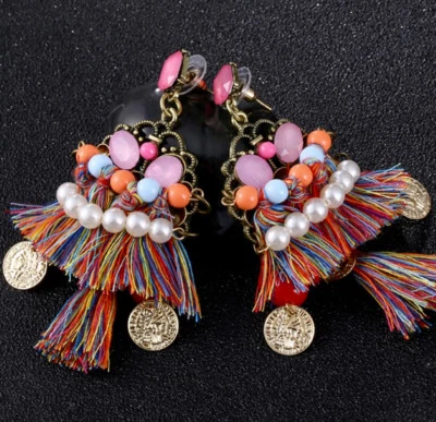 波西米亚时尚多色条纹夏季吊坠耳环 3.5 英寸长美丽 — 第 1/4 张图片