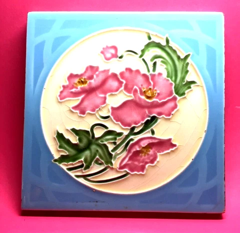 Antique Richards Tile Raised Line Pink Floral  Made In England 6 Inch Never Set Cover
