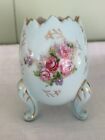 Vintage Inarco Egg Cup Footed Porcelain Vase With Blue Floral Hand-Painted Roses