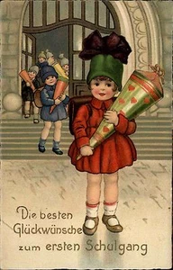 Glückwunsch ~1925 Schulgang Schule Mädchen Kind Schultüte goldene Schrift-Präg. - Picture 1 of 2