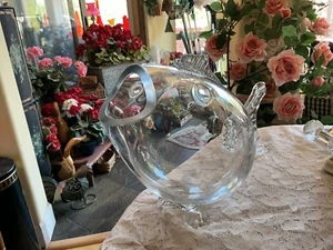 Hand Blown Blenko Style Large Thick Fish Art Glass Bowl Terranium Nautical Decor - Picture 1 of 8