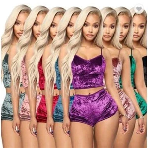 Women Velvet Set Sexy Lingerie Nightwear Sleepwear Top + Short Pajama Set - Picture 1 of 16
