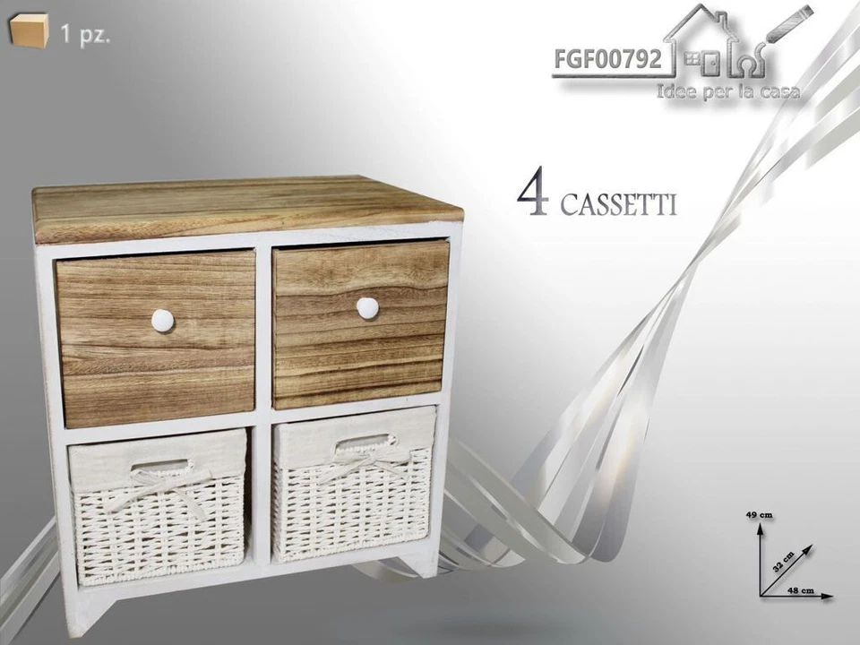 Comodino Mobiletto 4 Cassetti Stile Shabby Chic Legno Vimini Bianco Marrone and - Immagine 1 di 1