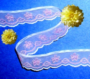 Embroidered Pink Lace Trim 7 - 14 Yards x 1" Organza M65BV CLOSEOUT - Picture 1 of 2