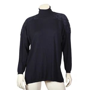 Suéter Valentino Azul Marino Lana/Seda/Cachemira Cuello Alto con Apliques de Encaje L - Imagen 1 de 15