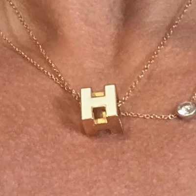 HERMES H CUBE White Enamel and Golden Pendant Necklace 16" chain - Image 1 of 4